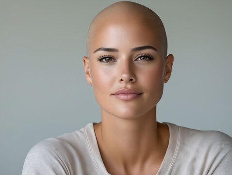 A woman with a bald head wearing a white shirt