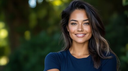 Naklejka premium A woman in a blue shirt smiles at the camera