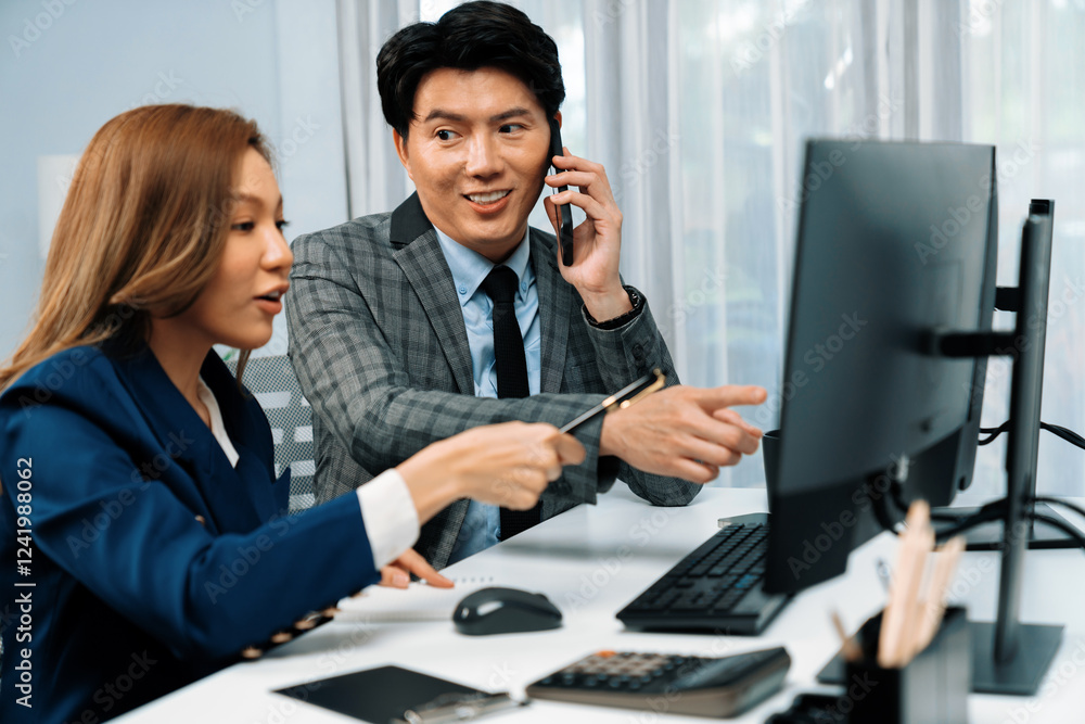 Poster businessman calling with business partner on mobile phone while calculating stock exchange value dat