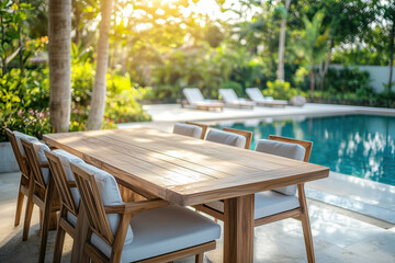 Poolside dining area with modern wooden furniture