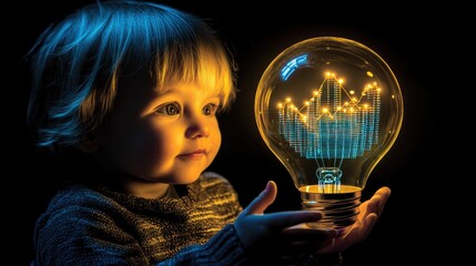 Naklejka premium Strategy business planning ideas for investment and financial. glowing light bulb with futuristic graphic icon in hand.