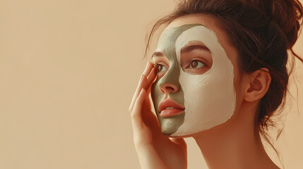 Young european woman posing on beige studio background, applying mask to half of her face and enjoying healthy pampering treatment. Mask & Disguise Themes. Illustration