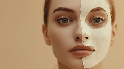 Young european woman posing on beige studio background, applying mask to half of her face and enjoying healthy pampering treatment. Mask & Disguise Themes. Illustration