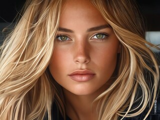 Naklejka premium A close up of a woman with long blonde hair and green eyes