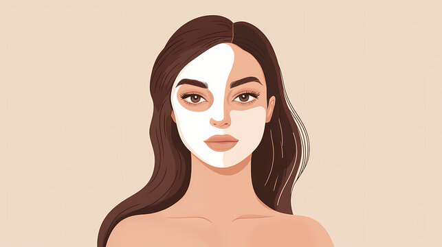 Young european woman posing on beige studio background, applying mask to half of her face and enjoying healthy pampering treatment. Mask & Disguise Themes. Illustration