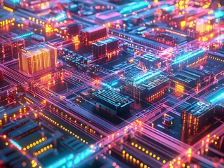 Fototapeta premium Abstract aerial view of a worldwide supply chain system, with sleek data streams connecting continents, blending reality with holographic interfaces