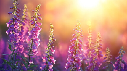 Naklejka premium Closeup of Foxglove flowering plant (Digitalis purpurea) in a garden, symbolizing danger and healing, with modern blurred background, empty space for text.