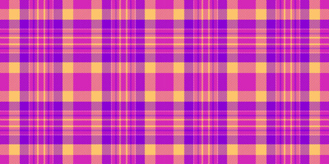Vibrant pink, purple, and yellow plaid pattern. Perfect for textile design, fashion, and website backgrounds.  This seamless texture offers a cheerful and modern aesthetic.