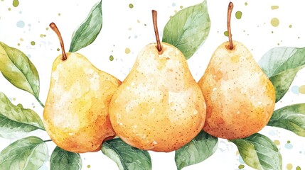 Watercolor Pears with Lush Green Leaves and Delicate Splashes