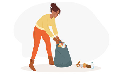 Woman character wearing gloves picking up trash and placing it in bag. Person clean up trash. Volunteer clean up park garbage. Environmental responsibility and waste management. Vector art.
