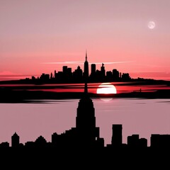Naklejka premium A cityscape silhouette with a hazy sunrise behind the buildings in shades of pink orange and blue silhouetted skyline cityscape architecture illustration building city vector