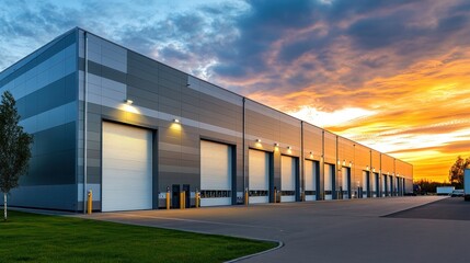 Modern Industrial Warehouse at Sunset