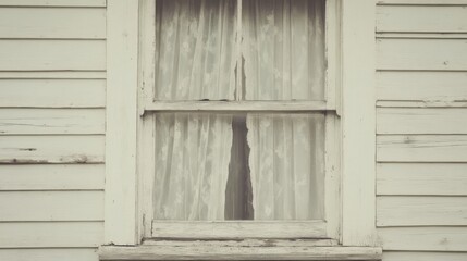 Obraz premium Rustic white house window, lace curtains, weathered siding, rural setting, home decor