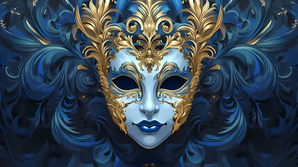 A beautiful blue and gold venetian carnival mask with ornate details. Mask & Disguise Themes. Illustration