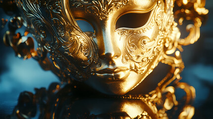 A beautifully detailed golden carnival mask with baroque patterns, placed on a reflective black mirror, soft light highlighting its exquisite details. Mask & Disguise Themes. Illustration