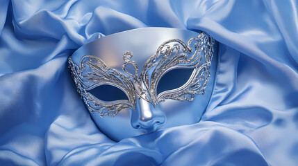 A blue masquerade mask with silver detail lying on soft blue fabric. Mask & Disguise Themes. Illustration