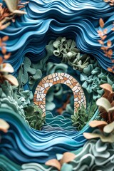 Obraz premium Sculpted Underwater Scene of Stone Archway Coral Reef and Waves in Deep Ocean Blue