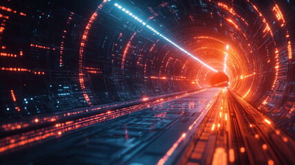 Naklejka premium A dynamic futuristic circuit board with neon lights and glowing effects, symbolizing advanced technology, innovation, and the digital age. The blurred empty space on the side suggests potential and pr