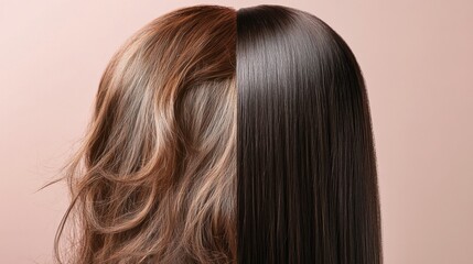 Fototapeta premium Comparison of damaged dull hair strands against shiny healthy hair for showcasing hair care differences. Generative AI