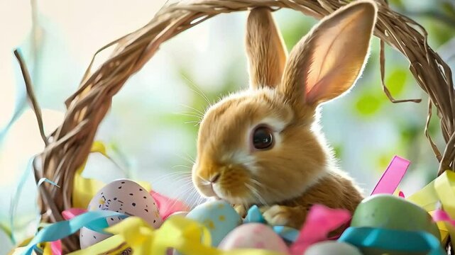 Bunny peeking out of an Easter basket filled with ribbons