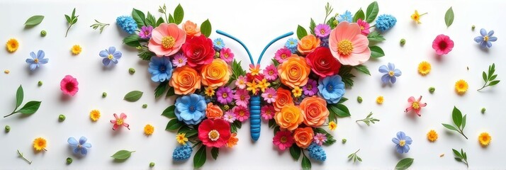Fototapeta premium Vibrant floral butterfly arrangement with colorful flowers and leaves on white background