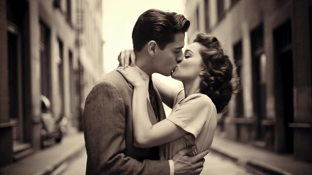 young couple kissing  in 1950s. monochromatic vintage