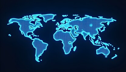 A futuristic digital world map glowing in vibrant blue tones