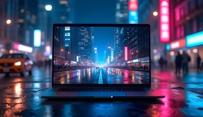 Night Cityscape Reflected on Laptop Screen