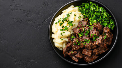 Delicious traditional kaszanka complemented by creamy mashed potatoes and fragrant caramelized onions, a hearty meal presented from a top view