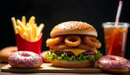 Tempting Fast Food Feast Burger, Fries, Donuts, and Soda