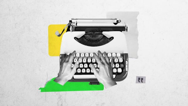 Modern surrealistic art collage with typewriter and hands on textured background. Black and white graphics with bright accents and minimalism.