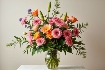 Vibrant floral arrangement with pink gerbera daisies and orange lilies in clear vase