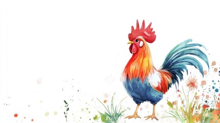 Fototapeta premium Vibrant Watercolor Rooster in Blooming Meadow