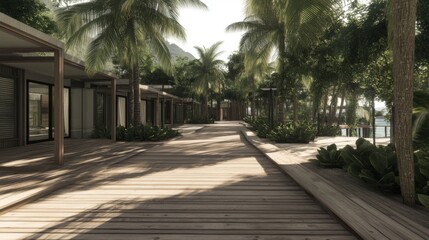 Obraz premium Tropical resort boardwalk, ocean view, palm trees, sunlight