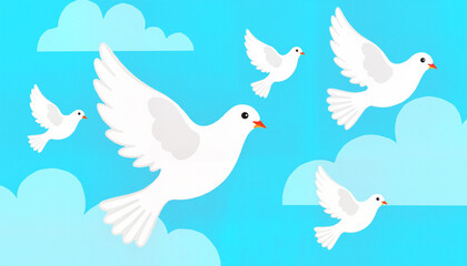 Flying white doves in blue sky, flat design, peace concept