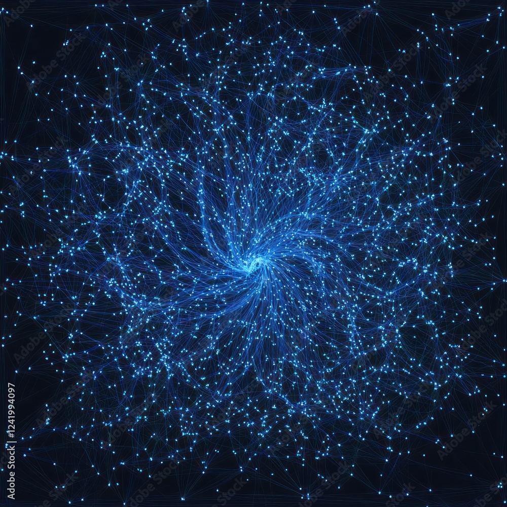 Poster blue dots swirl in a vortex on a dark background, for a tech theme