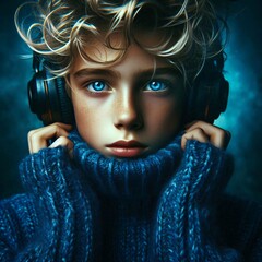 Blonde boy blue eyes and sweater with headphones