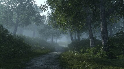 Fototapeta premium A serene forest path illuminated by soft morning light, with mist weaving through towering trees, realistic style, muted greens and greys, atmospheric and tranquil