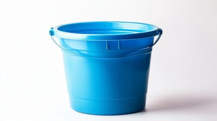 A single blue plastic gallon bucket with a glossy finish, placed upright, its handle gleaming, isolated on a clean white background