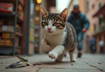 Naklejka premium Katze auf der Jagd mit Fisch auf der Straße, Mensch im Hintergrund