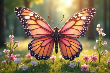 Fototapeta premium Vibrant monarch butterfly in sunlit meadow with pink wildflowers