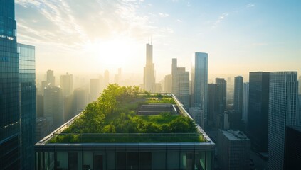 Green roof building at sunset surrounded by trees and a park in an urban area