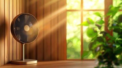 A sleek, modern fan circulating cool air in a cozy living room with warm wooden tones, sunlight streaming through large windows, minimalistic decor, realistic rendering