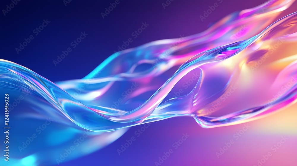 Poster smooth elegant satin texture forming an abstract wave pattern with iridescent colors flowing on a gr