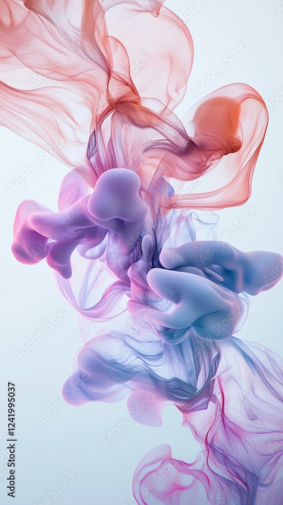 Poster pink, purple and orange ink dissolving in water, creating mesmerizing abstract shapes and patterns a