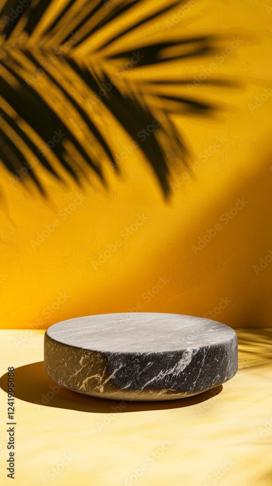 Poster empty round marble podium on yellow background with palm leaf shadow creating a summery backdrop for