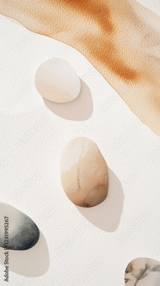 Aufkleber neutral-toned watercolor shapes and stones are arranged on a textured white background, creating a c
