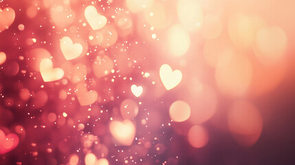 Dreamy golden heart bokeh background with softly glowing light orbs, creating a romantic and magical atmosphere with warm pastel tones