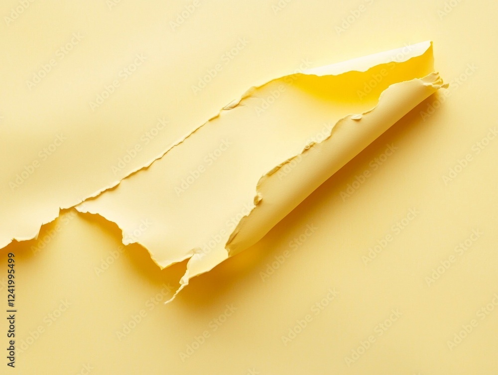 Poster rolled up yellow torn paper forms abstract shapes against a matching yellow background, creating an 