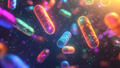 Microscopic view of diverse microorganisms and abstract cellular structures under high-powered microscope, illustrating cellular concepts and biological diversity for scientific research